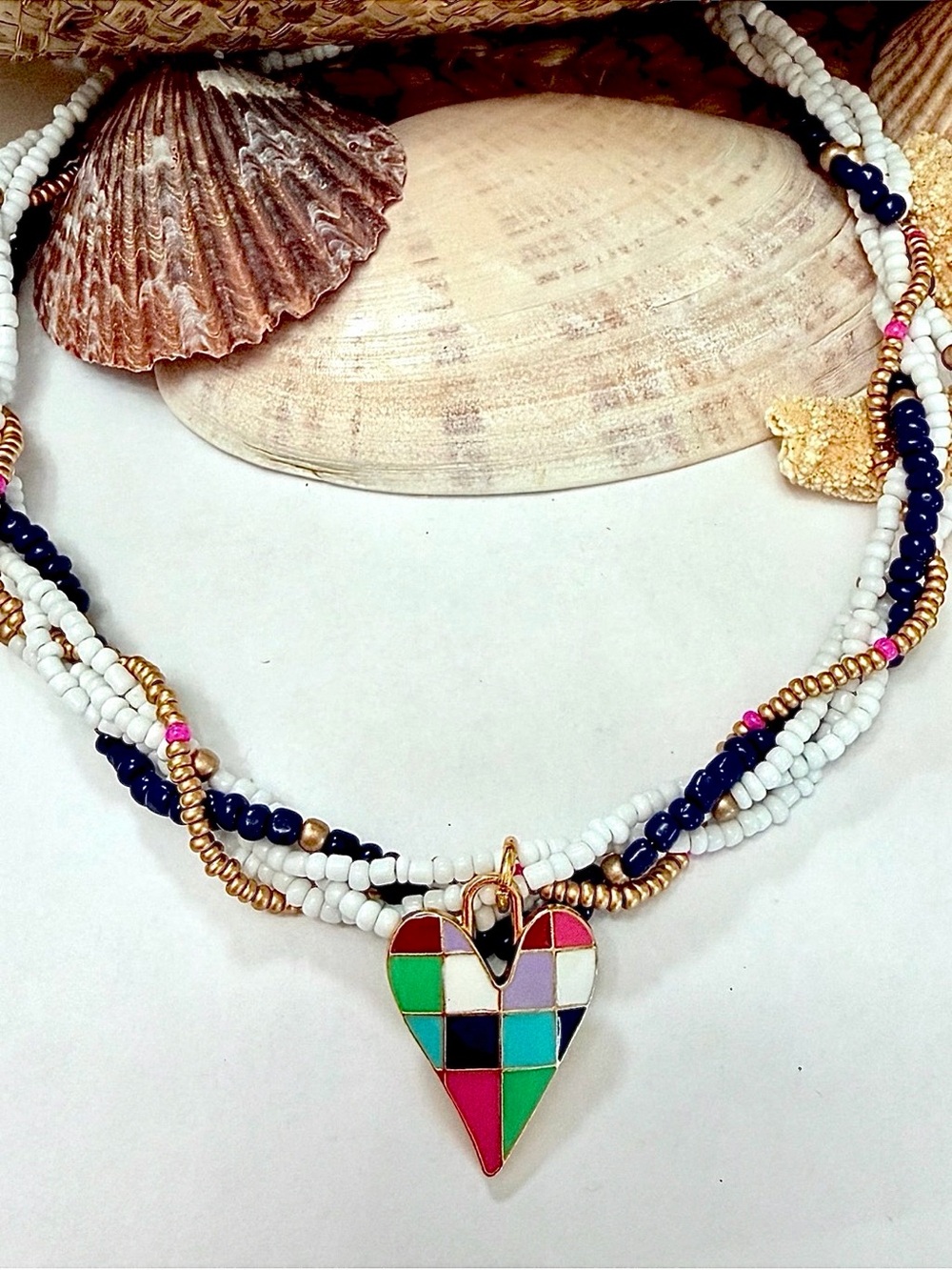 Plaid Heart Boho Beaded Necklace